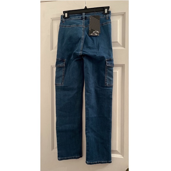 Size 1 high rise denim jeans blue cargo pockets - Picture 3 of 4